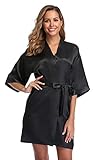 iFigure Women's Short Kimono Robe Dressing Gown Silky Bridesmaid Robes Bathrobe, Black, XX-Large-3X-