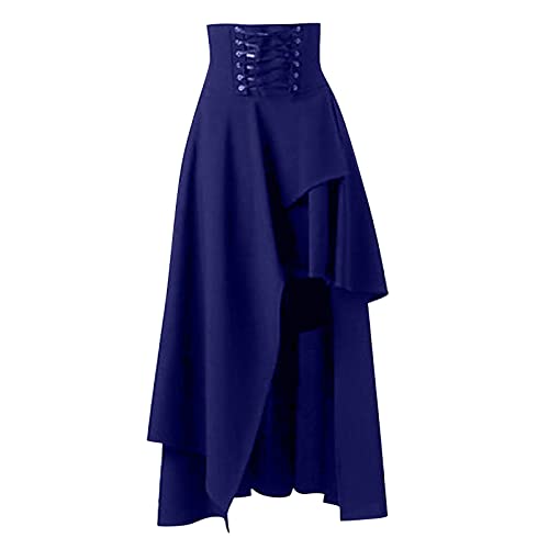Falda larga renacentista para mujer, estilo steampunk, falda pirata victoriana, cintura alta, elástica, medieval, con cordón y volantes, estilo vintage, A2 azul oscuro, XL