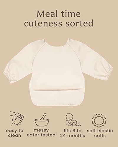 Willow + Sim Long Sleeve Baby Bibs - Wipe Clean, Washable With Food Catcher - Long Sleeve Bib For Babies, Toddler - Antique White #TOP1