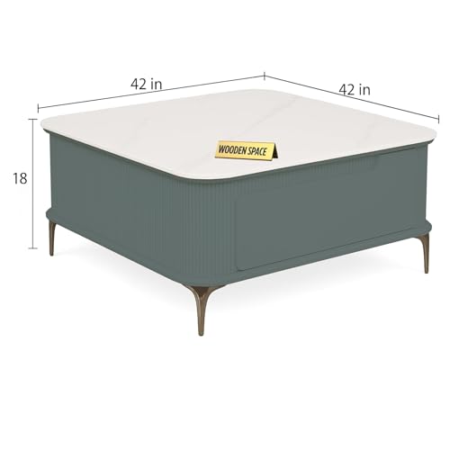 Image of WOODEN SPACE Premium Solo Marble-Top Wooden Center Table for Living Room | Iron Legs | PVD Coating | Modern Entryway Furniture | Coffee Table (Sky Blue)