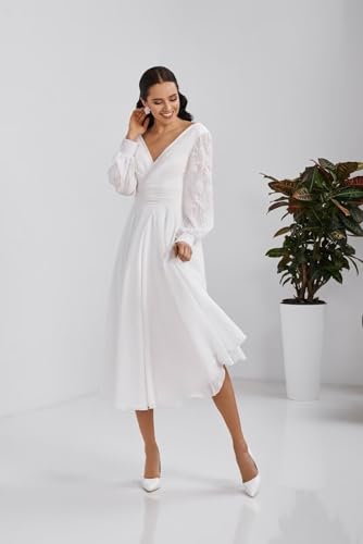 Women's Long Sleeves Tea Length Wedding Dress for Bride Chiffon V Neck A Line Midi Bridal Dress for Women4