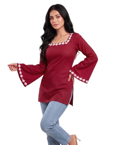 Image of MAHIRA'S Comfort Women's Short Kurti, Rayon Tunic Top with 3 /4 Embroidered Designer Sleeves | Soft Breathable Fabric | Office & Casual Kurti for Jeans, Leggings & Trousers