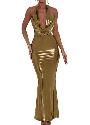 Memoriesea Women's Luxury Metallic Halter Neck Bodycon Party Evening Gown Maxi Dress