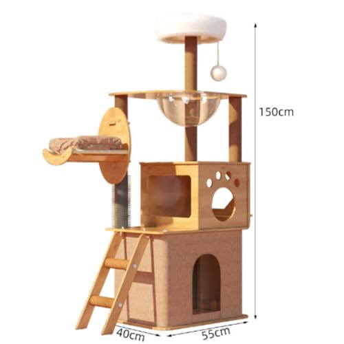 OGXN キャットタワー、突っ張り猫タワー、スリム省スペース、6本麻紐爪とぎ、透明宇宙船ハンモック、多頭飼い対応、大型猫用、室内設置、運動不足解消 (Y21【チェスナットブラウン人気モデル】)