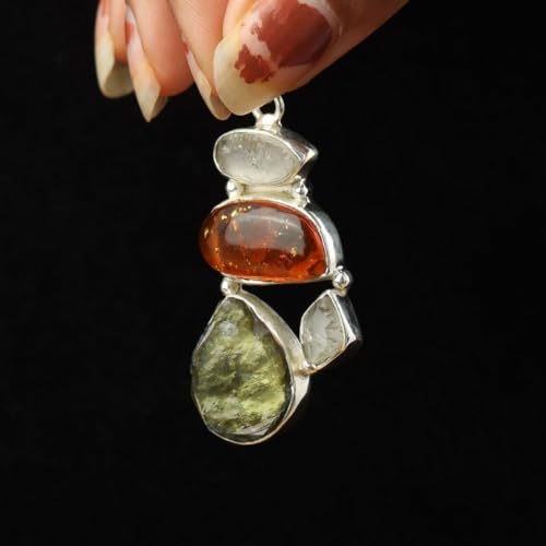 Real Czech Republic Moldavite Crystal with Rough Herkimer Diamond Pendant Self Healing High Vibration Energy Tektite Stone Moldavite Pendant Ideal For Gift (Sterling Silver)4
