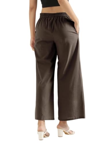 Image of SAADAA Women's Relaxed Fit Mid Rise Airy Linen Wide Leg Pants, High Waist Trousers for Formal, Casual & Office Wear