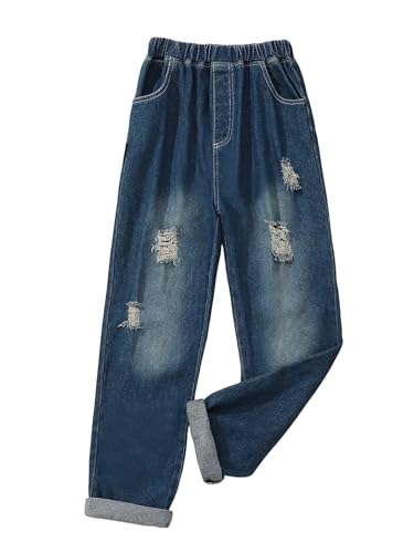Tween Girls 8-12Y New Ripped Jeans Elastic Waist Pull On 100% Cotton Relaxed Fit Pants