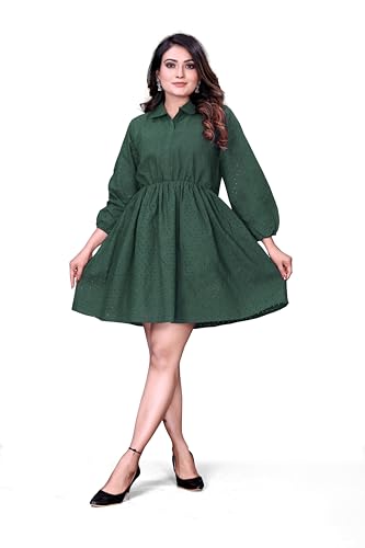 Image of Women's Cotton Self Design Chicken Work Midi Dress for Women | One Piece Dress for Women
