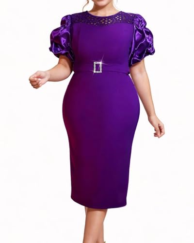 ONTINVA Women's Elegant Lace Crochet Puff Sleeves Belt Bodycon Midi Dress Party Work Evening Hollow Out Pencil Dresses