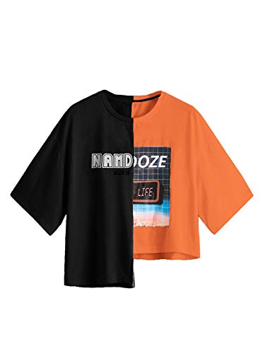 SheIn Women's Color Block Short Sleeve Asymmetrical T Shirts Graphic Printed Tee Tops Black and Orange Small