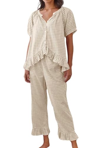 codcm Womens Gingham Pajama Set 2 Piece Short Sleeve Babydoll