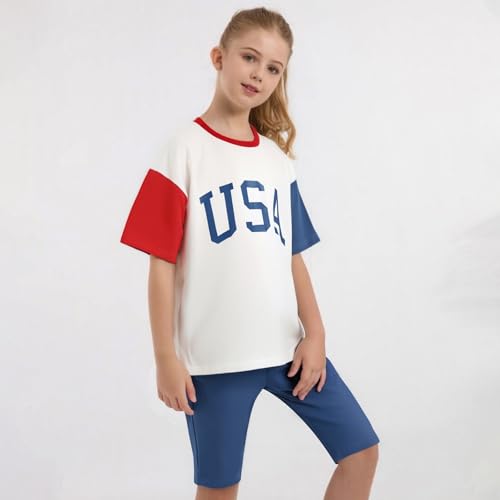 Image of Weixinbuy Girls 4th of July Outfit 2 Piece Short Sleeve Oversized T-Shirt and Biker Shorts Kids Fashion Summer Colothes Set