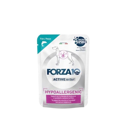 Forza 10 Umido Cane HYPOALLERGENIC, alimento completo dietetico per cani adulti di tutte le taglie e razze ipoallergenico gusto PESCE, dermatologico, for dogs | 12 bustine da 100 grammi l'una.