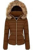BodiLove Women's Winter Quilted Puffer Short Coat Jacket with Removable Faux Fur Hood and Zipper Camel M
