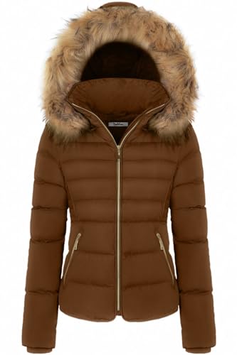 BodiLove Women's Winter Quilted Puffer Short Coat Jacket with Removable Faux Fur Hood and Zipper Camel M