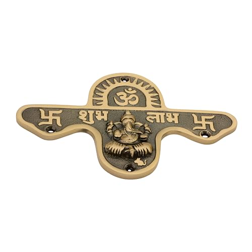 Image of DEVDECOR, Brass Shubh Labh Wall Hanging with Lord Ganesha Idol - 6.4 inch Decorative Hindu Door /Entrance Plaque with Om & Swastik Symbols for Home Temple & Vastu