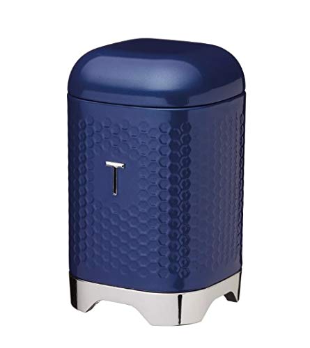 Lovello Retro Geometric Textured Finish Stainless Steel Tea Coffee Sugar Bread Bin Storage Jar Canister Midnight Navy/Blue (Tea)