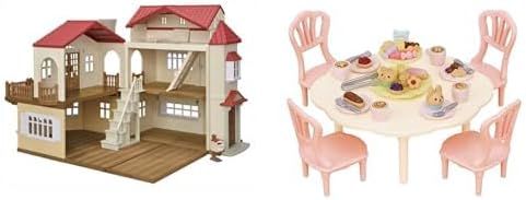 Red Roof Country Home Secret Attic Playroom with Sweets Party Set - Dollhouse with 4 Rooms and 30 Tea Party Accessories