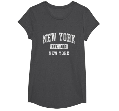 New York New York NY Vintage Established Sports Design T-Shirt, Girls, Dark Heather Grey, Small
