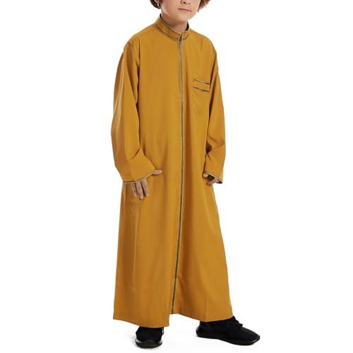 Boys Muslim Kaftan Kids Long Sleeve Muslim Thobe Stand Collar Embroidery Solid Color Eid Robe Prayer Clothes with Pocket4