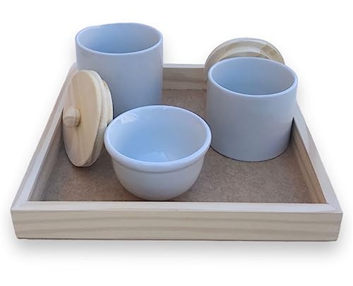 Kit de Higiene para Bebe com potes de porcelana, tampa e bandeja de Madeira Pinus
