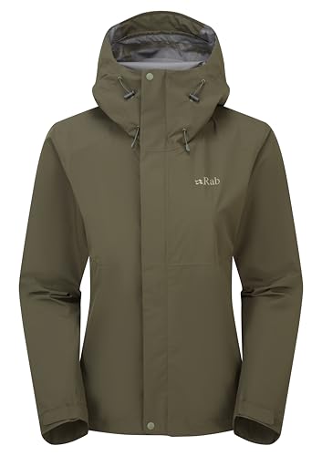 Rab Women's Downpour Jacket - Lightweight Waterproof Hooded Coat for Hiking & Trekking - Army - Small