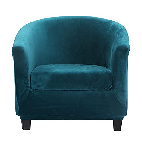 TOPCHANCES Velours Extensible Housse de Fauteuil Club Ensemble de Deux Pièces pour Salon Fauteuil Cabriolet Tub Chair avec Housse de Coussin (Paon Bleu)
