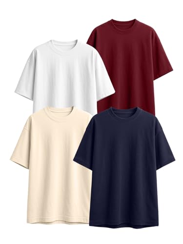 Image of Veirdo 100% Pure Cotton Oversized Loose Fit Half Sleeve Solid Core Round Neck Multicolor T-Shirt Combo for Men & Boys (Pack of 4)