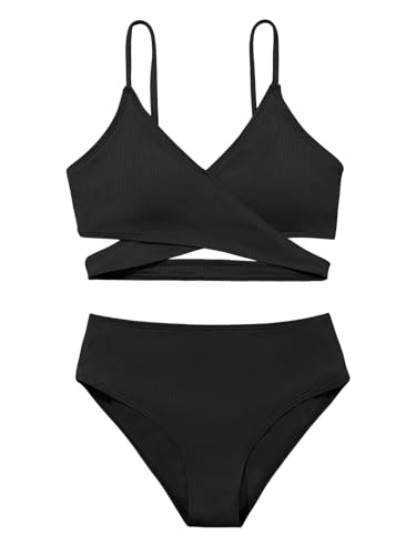 Girls 2 Piece Swimsuits Ribbed Criss Cross Strap Bikini Sets Swimming Bathing Suit for Teen Girls Swim Suit