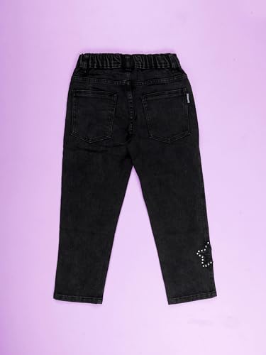 Image of KiddoPanti Girls Full Length Frayed Star Patch Washed Denim Jeans with Elasticated Waistband