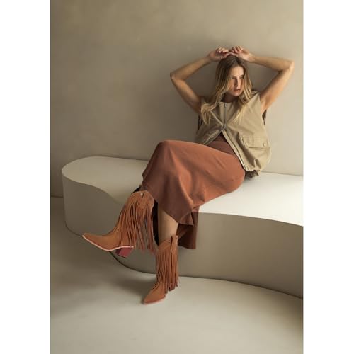 Fringe Cowboy Boots for Women Pull on Mid Calf Cowgirl Boots with Star Studded Pointed Toe and Chunky Heel Western Boots3