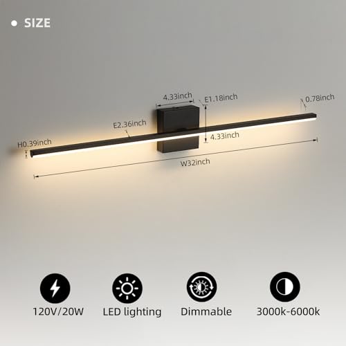 Image of Modern Bathroom Vanity Light 32 Inch, 20W Black Bathroom Light Fixture Over Mirror, Dimmable 5CCT LED Wall Sconce Lighting for Restroom Mirro