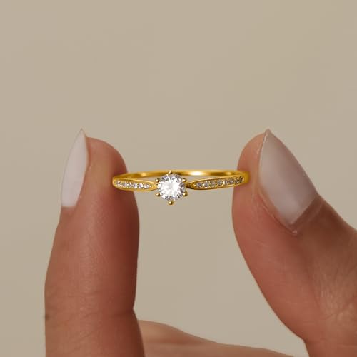 SUYACS 1ct Diamond Cut Cubic Zirconia Engagement Rings for Women 925 Sterling Silver Gold Round Cut Moissanite Promise Ring Classic Eternity Brides Wedding Rings Jewelry Gifts for Her Wife4
