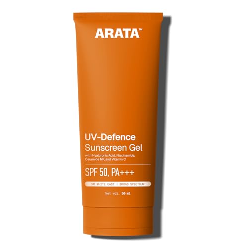 Arata Sunscreen Gel | SPF 50, PA+++ | Broad Spectrum UV Protection | Ultra-Light & Dewy Finish | No White Cast | Even & Glowing Skin | Niacinamide & Ceramide | Derma-Tested | For Men & Women | 50ML