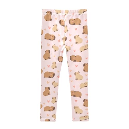 Cartoon Capybara with Hearts Pink Girls Leggings Soft Comfortable Athletic Leggings Dancing Pants for 4-10 Years2