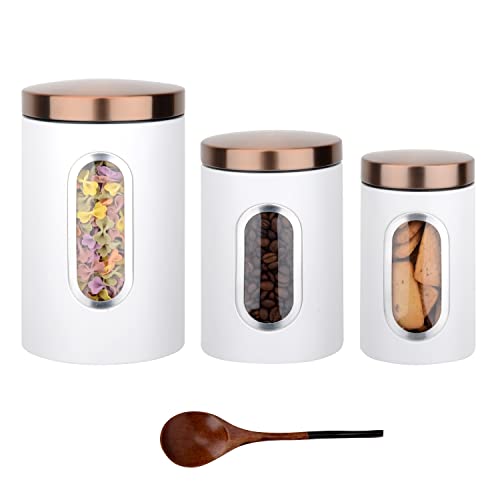 Aeunkiuo White Kitchen Counter Canister Set 3 Pieces, 0.9/1.6/2.9 Quarts Stainless Steel Flour Sugar Tea Coffee Biscult Storage Containers With With Long Wood Spoon&Visible #TOP15