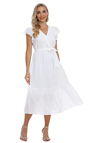 Image of VintageClothing Womens Sundress Casual Floral Summer Boho Dress | Flowy Wrap V Neck Ruffle A-Line Pleated Hem Midi Dresses