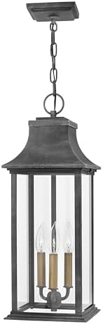 Hinkley Adair Three Light Outdoor Hanging Lantern, Aged Zinc w/Clear Glass
