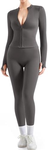 SUUKSESS Women 2 Piece Seamless Ribbed Workout Sets With Zip Up J...