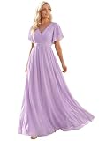 Ever-Pretty Women's V-Neck Ruffle Sleeves Ruched Bust Chiffon Floor Length Bridesmaid Dresses Frosted Lilac 20