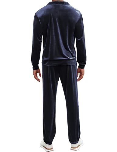 LecGee Men's 2 Piece Long Sleeve Tracksuit Velvet Quarter Zip Shirt Elastic Pant Velour Fall Casual Outfit Sweatsuit Set3