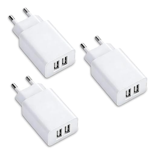 Cargador USB 3 Pack 5V 2A 10W, Enchufe Doble USB con 2 Puertos, Adaptador 100 240V, Cargador USB de Pared Compatible con iPhone Samsung Xiaomi Huawei Tablets Powerbank, Blanco