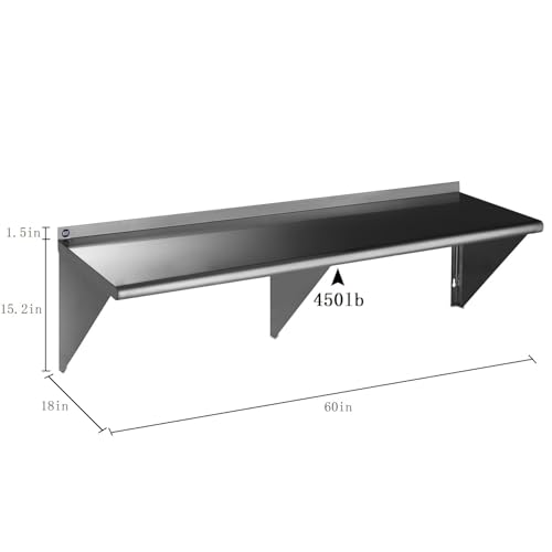 Image of ROCKPOINT Stainless Steel Shelf 18 x 60 Inches 450lb, NSF Metal Commercial Shelves Wall Mount Floating Shelving with Backsplash for Restaurant, Kitchen, Home and Hotel, Silver