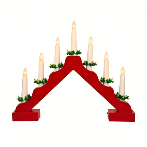 Image of SHATCHI Traditional Wooden Pre-Lit Red Candle Bridge Light 7 LEDs Bulbs - Battery Powered - Window Christmas Tree Home Office Desk Light Holiday Xmas Festive Decoration