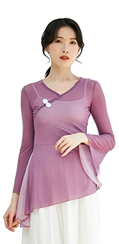 Angcoco Women's Chinese Traditional Long Sleeved See-Through Sheer Mesh Stretch Chiffon Dance Top Purple