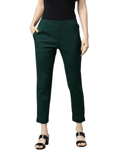 Image of MINELLI Women Solid Cigar Pants, Cotton Lycra Slub Fabric, Elasticated Waistband, Pull On Style, Regular Fit Bottom Wear for Western and Ethnic Wear