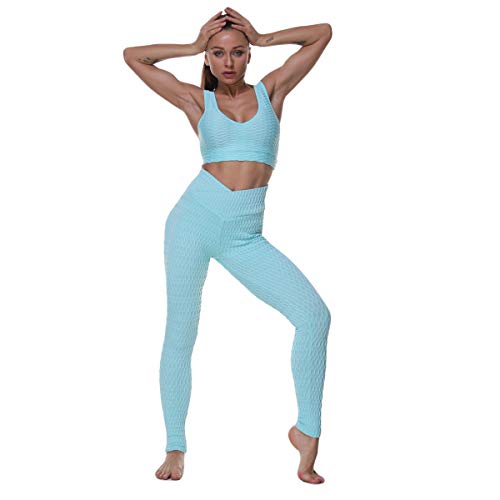 Image of RNG EKO Green Spandex Skinny 2 Piece (Sports Bra + Leggings) Fitness /Gym /Yoga /Sports Wear Set for Women (Pastel Light Blue, M)