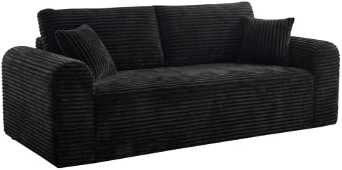 Modern 3 Seater loveseat Sofa, Comfy Deep Seat Boneless Couch with 2 Pillows, Plush Corduroy Fabric couches for Living Room, Bedroom and Apartment (Black, 86.6" Seater Sofa)