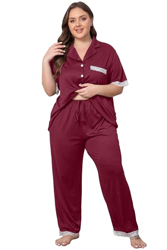 Image of Vozanet Women Short Sleeve Long Pants Pajama Sets Lace Trim Button Down Sleepwear Plus Size Knit Loungewear Sexy Nighty