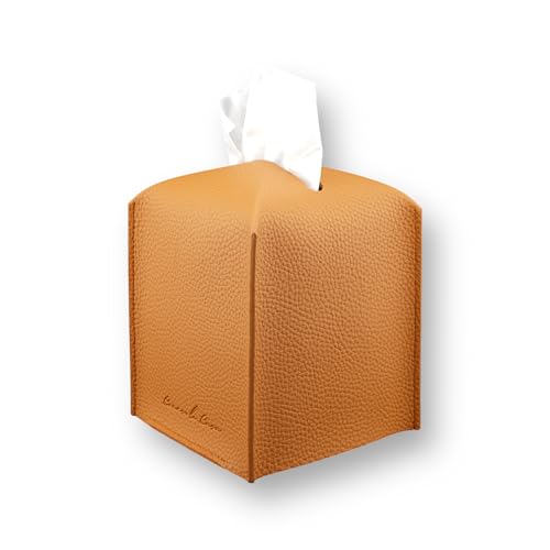Connsole Casa Premium PU Leather Tissue Box Holder - Elegant Hotel-Style Tissue Box Cover for Home, Office & Car Décor, Tissues Cube Organizer for a Natural & Classic Look (Orange)